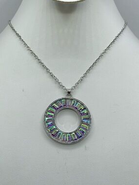 Silver Tone AB Crystal Circle Pendant Necklace Iridescent Baguette Halo
